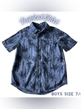 Boys 7/8 The Children’s Place Tropical Palm Tree Print Button Down Shirt Blue VG
